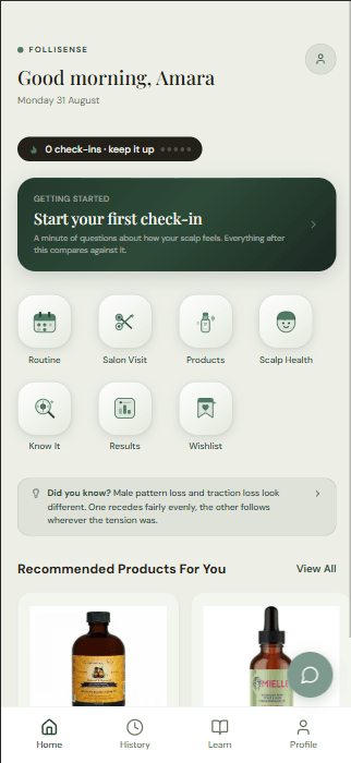 Home screen showing the day's focus and check-in progress