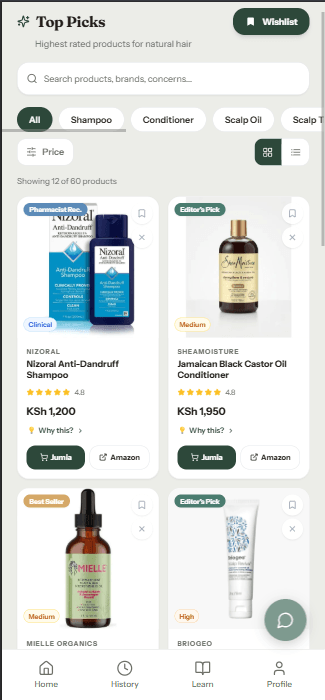 Product suggestions grouped by category
